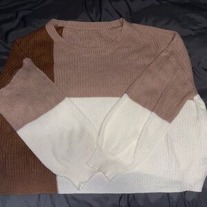 SHEIN Brown and White Crew Neck Sweaters